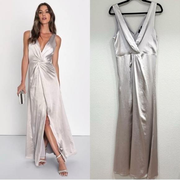 NWOT Lulus Perfect Refinement Grey Satin Sleeveless Pleated‎ Maxi Dress - Picture 1 of 9